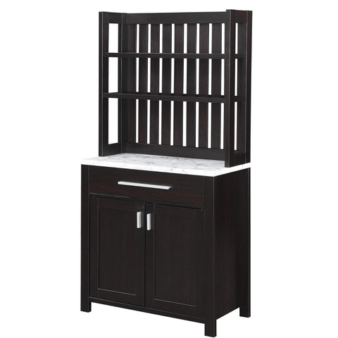Oakestry Elegant Espresso Wine Bar Cabinet with Faux Marble Top – 1 Drawer, Open Shelves & Enclosed Storage for Bottles, Barware & Décor (White Faux Marble/Espresso)