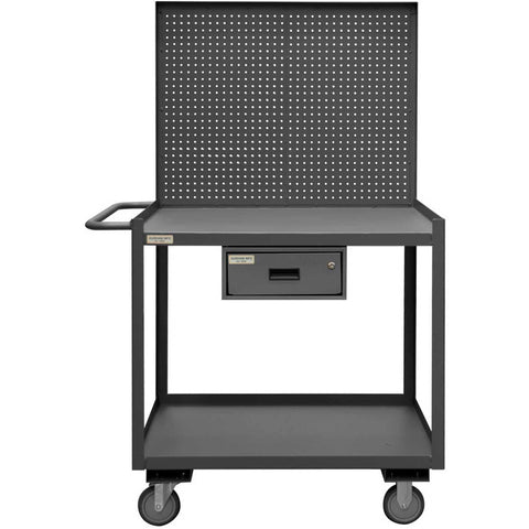 Stock Cart/WorkStation With Pegboard Panel 2 Shelves 24 x 36 14 Gauge 1200 lbs. Capacity 1 Drawer  5 x 1-1/4 Polyurethane Casters - (2) Rigid (2) Swivel with Side Brakes Gray