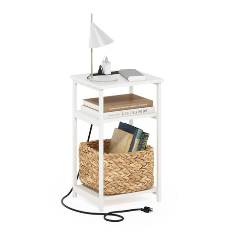 Furinno Moretti Side Table, 3-Tier Modern End Table with Charging Station, Metal Frame Night Stand, Bedside Table with USB and Type-C Charging Port, for Living Room, Bedroom, White