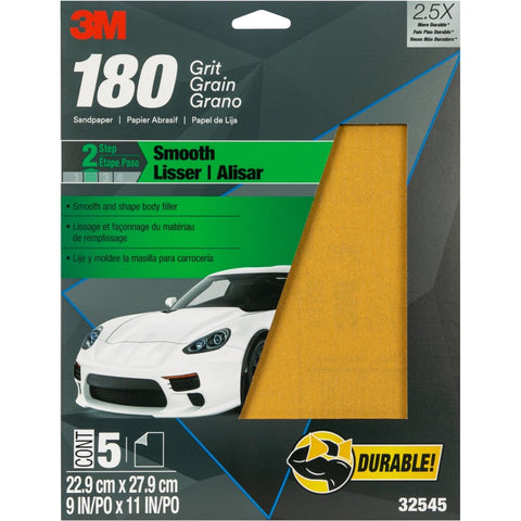 3M Sandpaper, 180 Grit, 5 Sheets, 9 in x 11 in, Longer Lasting Super Strong Abrasive, Great For Smoothing Body Filler, Shaping Glaze & Spot Putty, For Hand Or Machine Sanding (32545)