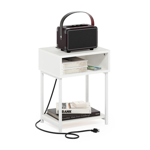 Furinno Moretti Side Table, 3-Tier End Table with Charging Station, Metal Frame Night Stand, Bedside Table with USB and Type-C Charging Port, for Living Room, Bedroom, White