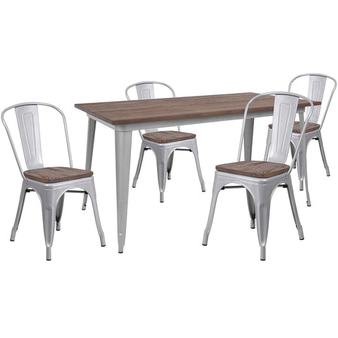 Flash Furniture 30.25" x 60" Metal Table Set with Wood Top and 4 Stack Chairs, Silver