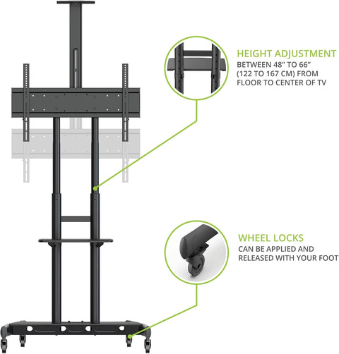 Kanto MTM86PL Height Adjustable Rolling TV Stand for most 55" - 86" TVs and Interactive Displays - Supports TVs up to 200lbs - Includes a top shelf and keyboard tray - Max VESA 800x500