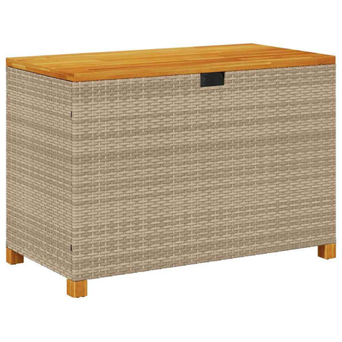 vidaXL Patio Storage Box with Lid – Outdoor Cushion Box/Bench – Beige Poly Rattan & Acacia Wood – 43.3" x 21.7" x 24.8"