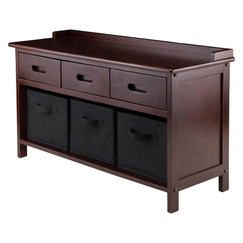 Oakestry Adriana Storage Bench Elegant and Functional Storage Bench for Entryway Living Room or Bedroom Ample Storage with 3 Removable Black Fabric Baskets Wood Construction Rich Walnut Finish