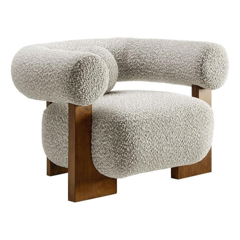 Modway Jace Boucle Fabric Accent Chair in River Rock - Upholstered Barrel Chair with Pillow - Comfy Lounge Armchair with Curved Back and Wood Legs - Soft Teddy Club Chair for Living Room or Bedroom