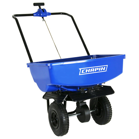 Chapin 8003A: 65-Pound Made in The USA Residential Salt and Ice Melt Walk Behind Spreader, Rear and Side Baffles, 9" Tires, U-Shaped Flip-up Handle, Steel Frame, Enclosed Gear Box, Blue