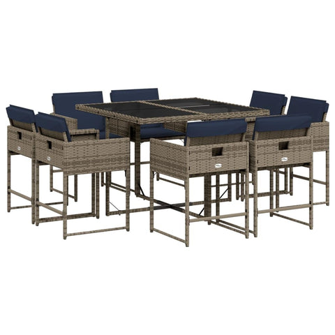 vidaXL Patio Dining Set - 9 Piece Gray Poly Rattan Outdoor Furniture with Cushions for Garden, Backyard, Patio, PE Rattan, Tempered Glass Table Top, Compact Storage