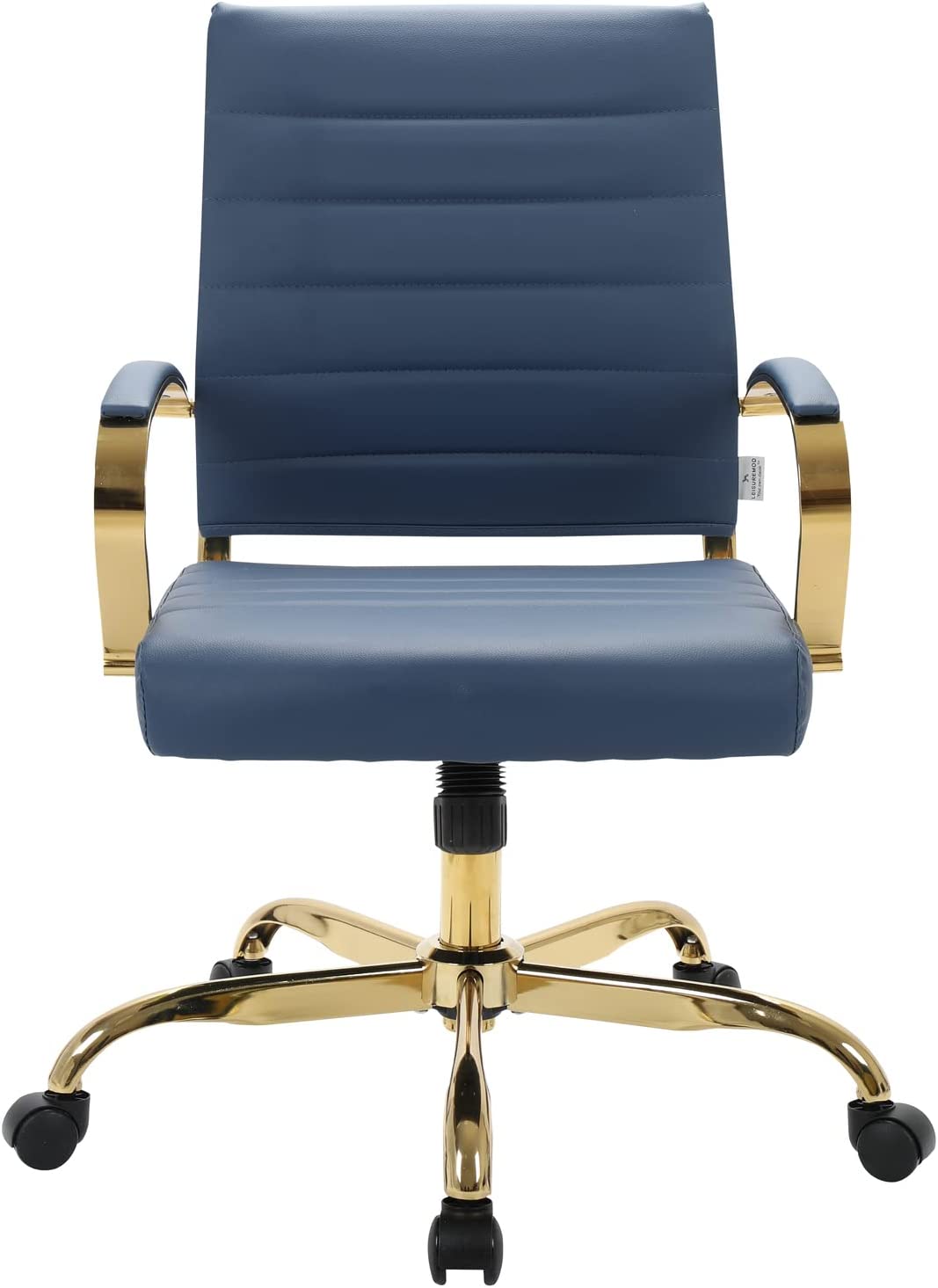 LeisureMod Benmar Modern Mid-Back Adjustable Swivel Leather Office Chair with Gold Frame (Navy Blue)