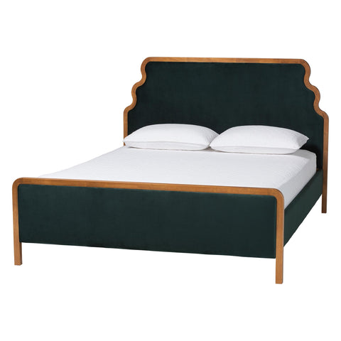 Baxton Studio Gerianne Velvet Upholstered Platform Bed – Classic European Bed Frame with Scalloped Headboard and Wood Trim, Modern Luxe Bedroom Furniture, Queen