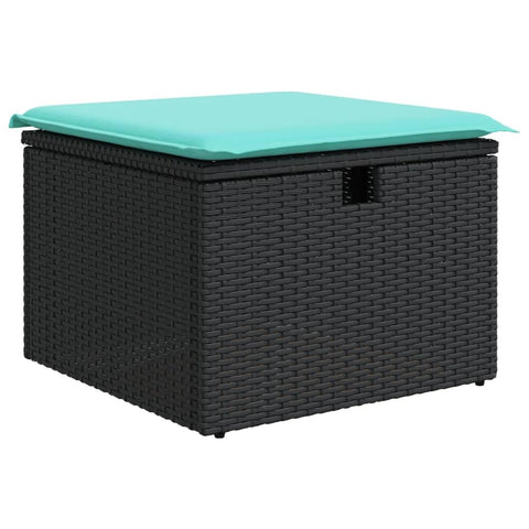 vidaXL Patio Stool with Outdoor Ottoman Storage, Black Poly Rattan, Blue Cushion, UV-, Waterproof Cover- 21.7"x21.7"x14.6"