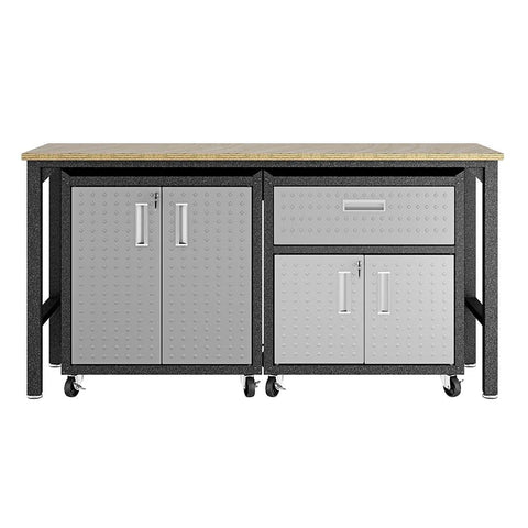 Manhattan Comfort 3-Piece Fortress Mobile Space-Saving Garage Cabinet and Worktable 2.0 in Grey