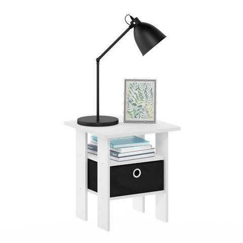 Furinno Andrey Side Table, End Table, Night Stand with Open Shelves and Storage Bin, Bedside Table, for Living Room, Bedroom, White