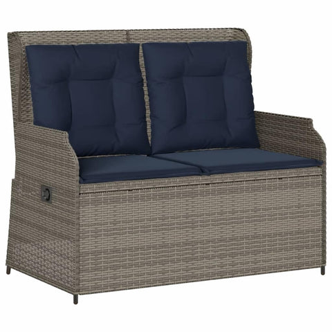 vidaXL Reclining Patio Bench with Cushions - Gray Poly Rattan, Adjustable Backrest, Navy Blue Washable Covers, Outdoor Garden Lounger, Powder-Coated Steel Frame