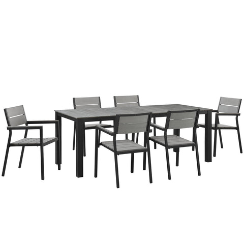Lexmod Maine 7 Piece Outdoor Patio Dining Set in Brown Gray