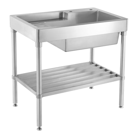 Whitehaus Collection WH33209-LEG-NP Pearlhaus Brushed Single Bowl, Freestanding Utility Sink with Drainboard and Lower Rack
