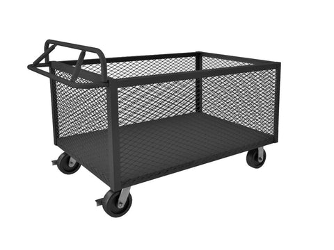 4 Sided Mesh Box Truck With 6 Inch x 2 Inch Phenolic Casters (2) Rigid And (2) Swivel With Side Brakes 1 Shelf And Ergonomic Tubular Push Handle Gray