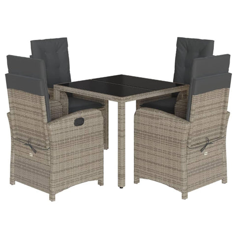 vidaXL 5 Piece Patio Dining Set - Adjustable Backrest Reclining Garden Chairs, Cushioned Outdoor Furniture, Tempered Glass Tabletop - Gray PE Rattan, Steel Frame
