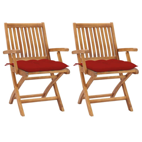 vidaXL Solid Teak Wood Patio Chairs-Set of 2 with Red Cushions-Outdoor/Garden Foldable Seating-Preassembled