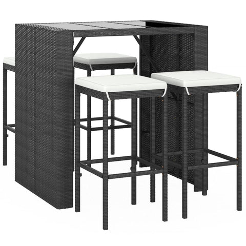 vidaXL Patio Bar Set 5-Piece Table and Chair Set with Cushions - Black Poly Rattan, Tempered Glass Tabletop, Comfortable Stools for Garden, Patio, Deck, Outdoor Lounge Area