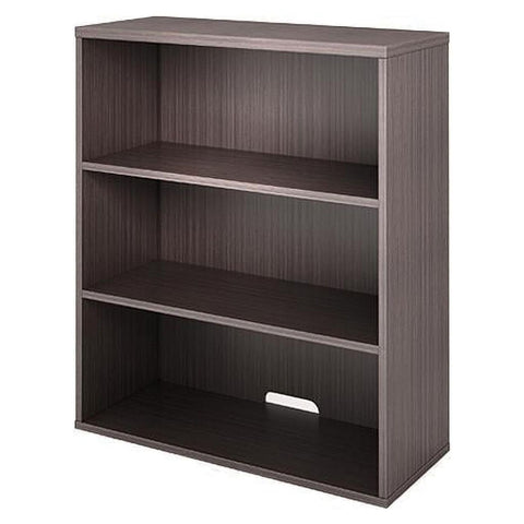 Oakestry Driftwood Open Hutch Bookcase High Modular Storage Shelving Laminate Finish Scratch Resistant Panel Straight Edge Design Leveling Glides Cable Management Functional Office Display Unit