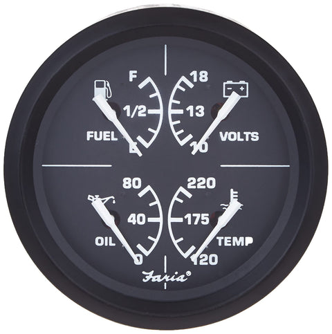 Faria - 3003.3415 32851 Euro Multifunction Fuel Level/Oil PSI (80 PSI)/Water Temp (100-250°F)/Voltmeter (10-16 VDC) - 4", Black