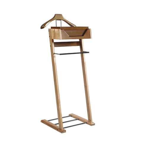 Proman Products Newport Wood Valet Stand, 18"W x 16"D x 46"H, Wooden Hanger, Two Felt Trays, Trouser Bar, Shoe Rack Base
