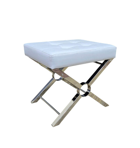Carolina Chair & Table Modern X-Frame Stool - Luxury Chrome Steel Base with White Upholstery Cushion Faux Leather Soft Seat, Vanity Bench - Modern Style Accent Furniture for Living Room, Bedroom