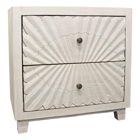 Moti Brassica 2-Drawer Nightstand on Solid Wood Frame in White Washed Finish