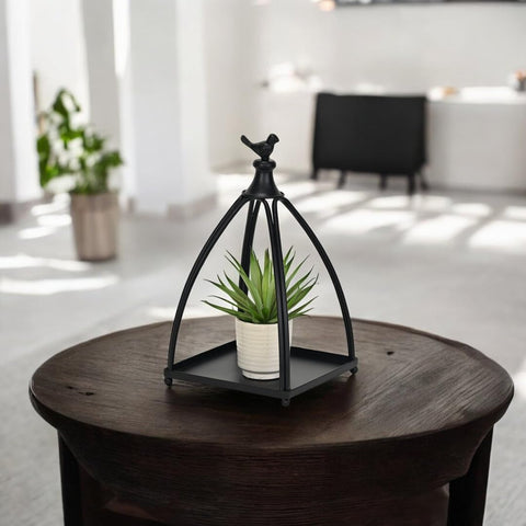 Veldra Curved Mini Table Lantern & Bird Accent - 8-Inch Black Square Metal Lantern, Modern Design, Black Finish, Perfect for Living Room or Tabletop - by Cheungs