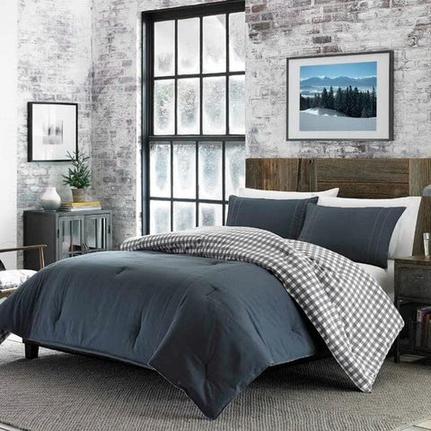 Fast Furnishings King Size 100% Cotton Reverse Plaid Gray/White Comforter Set