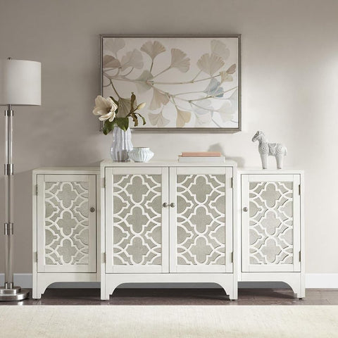 Oakestry 68" Wide Console Cabinet Modern Desin Mirrored Door Design Sold Wood Legs Support, Offers Versatile Functions Media Cabinet Tv Stand, White