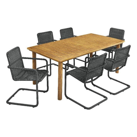 Modway Abacus 7-Piece Outdoor Rectangular Dining Set in Slate Natural - 76” Aluminum Patio Dinner Table w/Umbrella Hole & 6 Rattan Armchairs - Weather-Resistant Deck Table & Wicker Chairs for 6