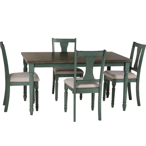 Oakestry Willow 5-Pc Dining Set with Turned Legs, Burnished Wood Table & Teal Blue Chairs, Rustic Modern Farmhouse Dining Furniture