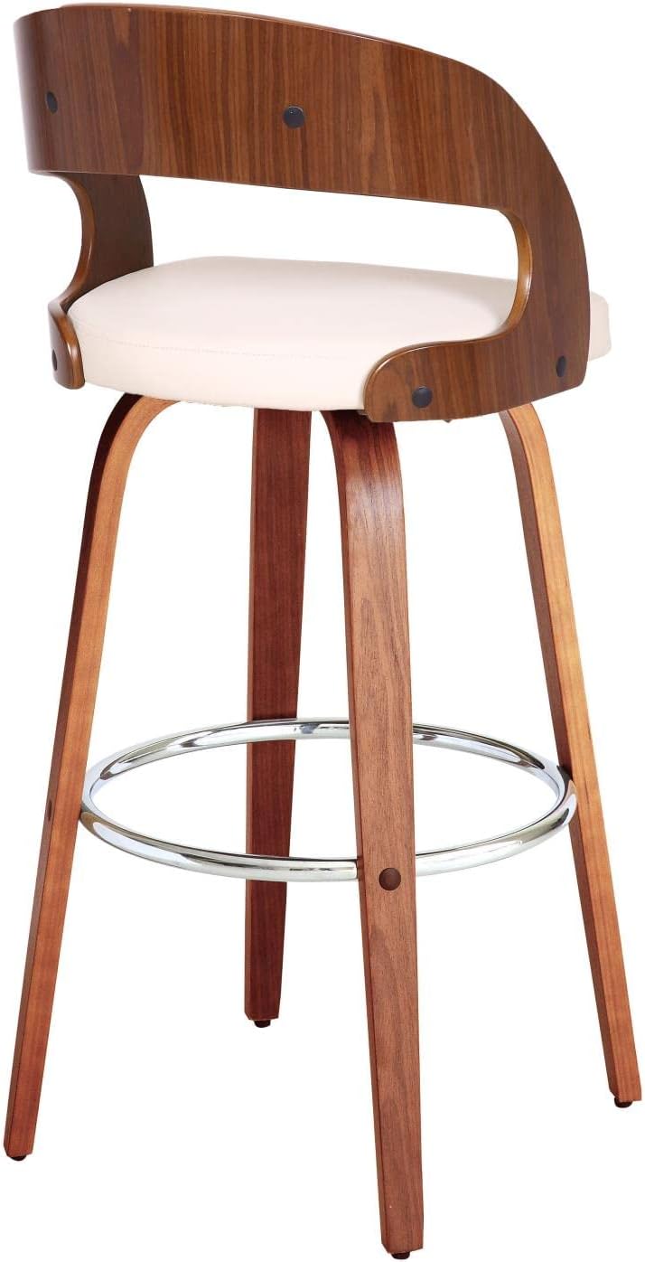 Armen Living Shelly Contemporary 30" Bar Height Swivel Barstool in Walnut Wood Finish and Cream Faux Leather