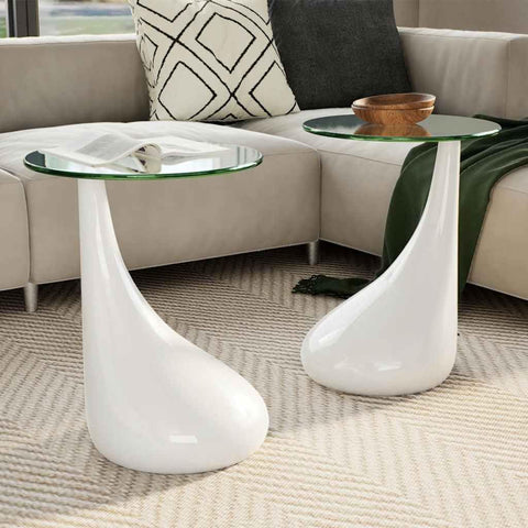 Oakestry Coffee Table Set of 2 High Gloss White Fiberglass, Tempered Glass Premium Storage Cabinet Modern Luxury Storage Solution Elegant Dining Interior Furniture Space Saving Organizer