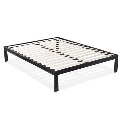 Fast Furnishings Queen Size Modern Black Metal Platform Bed Frame with Wood Slats