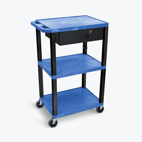 LUXOR UCPL1BU-B-WTD 42"H 3-Shelf Utility Cart - Drawer, Blue Shelves, Black Legs