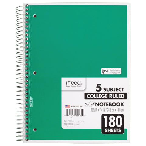 Mead Spiral Notebook, 5 Subject, College Ruled Paper, 180 Sheets, 10-1/2" x 8", Color Selected For You, 1 Count (05682)