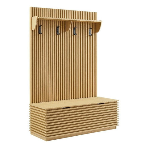 Modway Render 3-in-1 Hall Tree in Oak with Fluted Storage Bench and Coat Rack – 2-Piece Entryway Storage Set with Hooks, Shelf, and Bench