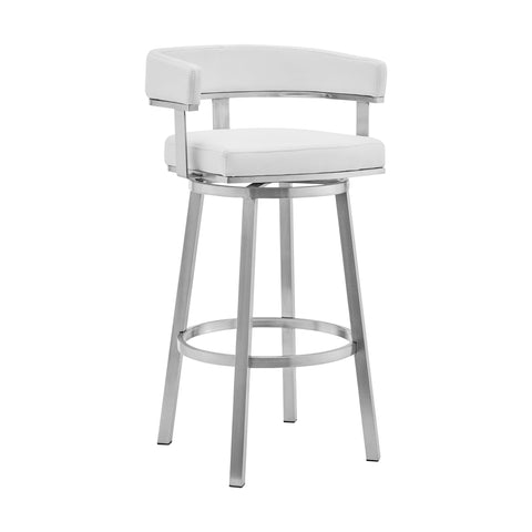 Armen Living Cohen 26" White Faux Leather and Brushed Stainless Steel Swivel Bar Stool