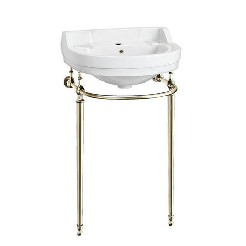 22 Inch Semi Circular Bowl Wall Mount Bathroom Vanity Sink with Brass Supporting Leg, 1 Hole Faucet Opening, Backsplash, Overflow and Included Front Towel Bar Rack, White with Polished Nickel Legs