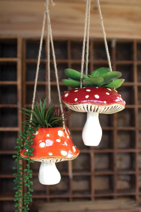 KALALOU CDV2147 Set of Two Ceramic Toadstool Hanging PLANTERS