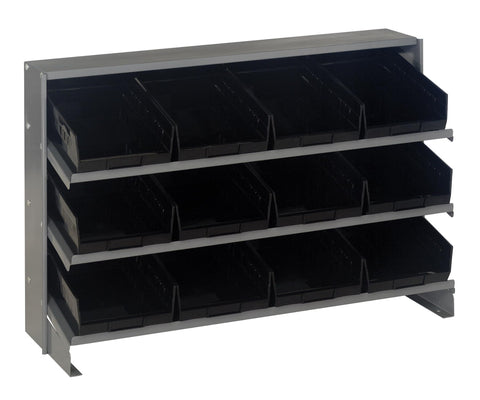Quantum QPRHA-107BK Sloped Quickpick Cart | Bench Style Mobile Storage Rack for Industrial Display | (12) QSB107 Black Bins; (3) Shelves | 250 lbs Capacity, 12.5"L x 36"W x 23"H, Gray, Carbon Steel