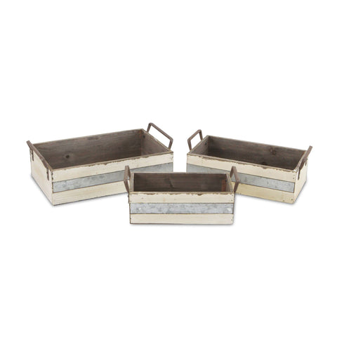 Cheung's FP-3872-3W Wood Crate with Side Metal Handles and Metal Panel| Set of 3| Small
