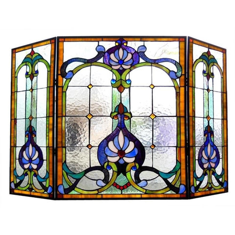 Chloe Lighting CH1F328BV44-GFS Folding Victorian Wide Tiffany-Glass Fireplace Screen (3 Pieces), 44"