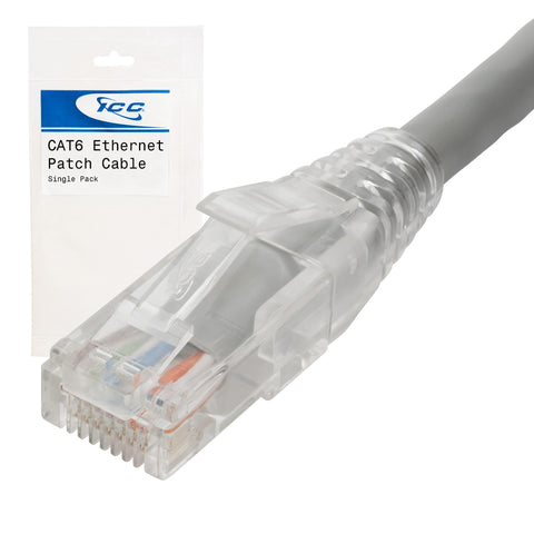 ICC CAT6 Ethernet Patch Cord with Clear Boot Strain Relief, RJ45, Stranded, 550 MHz, UTP, Pure Bare Copper Wire, 24 AWG, LAN Network Patch Cable, Gray, 3 FT, Single