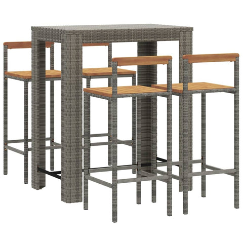 vidaXL Stylish Grey Poly Rattan & Solid Acacia Wood 5-Piece Patio Bar Set - Weather Outdoor Furniture with Practical Table & Comfortable Seats for Garden, Deck, Patio