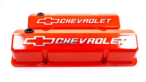 ProForm Valve Cover, Slant-Edge, Tall, Baffled, Breather Hole, Raised Chevrolet Bowtie Logo, Aluminum, Orange, Small Block Chevy, Pair