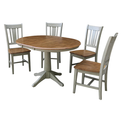 IC INTERNATIONAL CONCEPTS 36" Round Wood Distressed Hickory/Stone Extension Dining Table with 4 Chairs